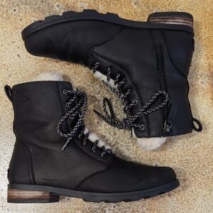 Sorel | Black Leather And Sherpa Lined Lace Up Booties Size 10